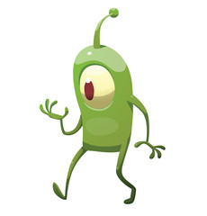 Vector cartoon image of funny green microbe with one large eye, with an antenna, with arms and legs, walking somewhere on a white background. Positive character. Creature. Vector illustration.