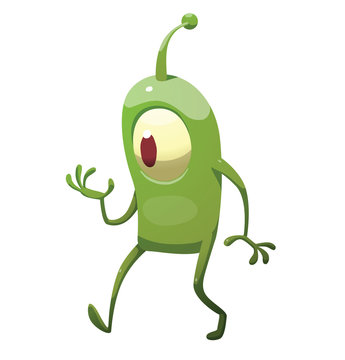 Vector cartoon image of funny green microbe with one large eye, with an antenna, with arms and legs, walking somewhere on a white background. Positive character. Creature. Vector illustration.
