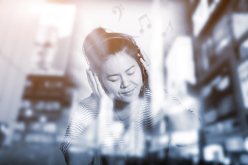 Double Exposure of woman listening music with headphones relax, enjoy the music ,musical concept