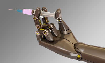 Robot hand holding syringe, 3d rendering