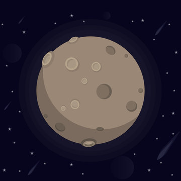 vector illustration of a large glowing moon with craters and valleys, stars, meteorites, kamet in space on  dark background