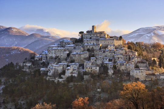 Labro village covered with fresh snow at sunset, Lazio, Italy
