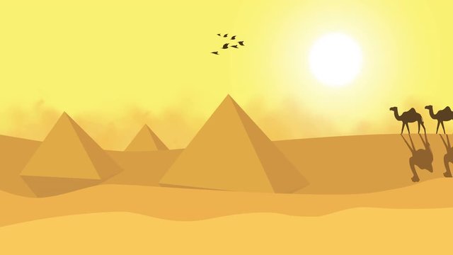 Cartoon animation of a camel train travels across a desert in the sunset with space for your text or logo. nice color grades of Sand dunes and pyramides full hd and 4k.