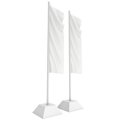 Flag Blank Expo Banner Stand. Trade show booth. 3d render illustration isolated on white background. Template mockup for your expo design.