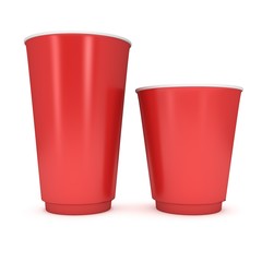Disposable drink cups. Red paper mug. 3d render isolated on white background