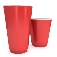 Disposable drink cups. Red paper mug. 3d render isolated on white background