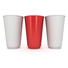 Disposable drink cups. Red paper mug. 3d render isolated on white background