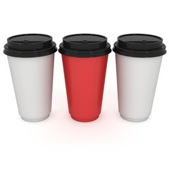Disposable coffee cups. Blank paper mug. 3d render isolated on white background