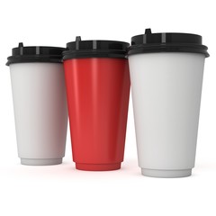 Disposable coffee cups. Blank paper mug. 3d render isolated on white background