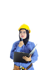 Construction worker wear yellow safety helmet in thinking mode while holding a file