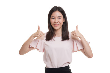 Young Asian business woman show two thumbs up.