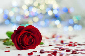 Red rose on a table with colorful lights in background.