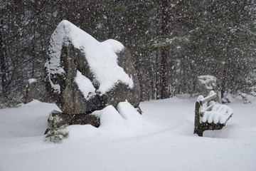 Peace stone in snowstorm