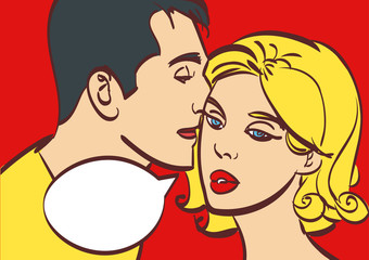Romantic couple,male whispers in womans ear. Valentines day. Vector eps10