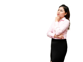 Obraz premium Asian business woman looking up , isolated on white background with copy space