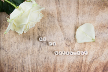 be my valentine am Valentinstag Buchstaben auf Holz mit Rose