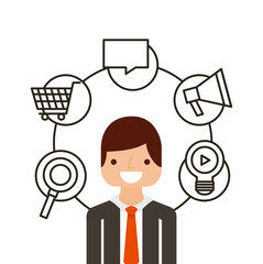 businessman with multimedia icons around him over white background. colorful design. vector illustration