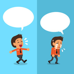 Cartoon businessman expressing different emotions with white speech bubbles