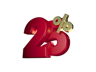25 percent off. 3D Numbers isolated on white background
