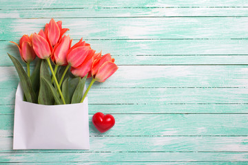 Tulips in white envelope and  heart