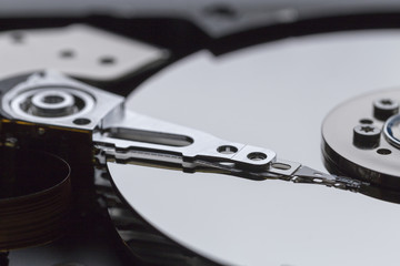 Close ups of an open computer hard drive