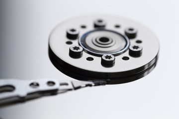 Close ups of an open computer hard drive