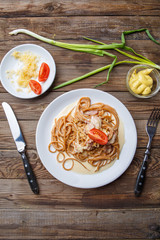Photo of fresh pasta with bacon