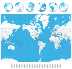 America Centered World Map and 3D globes and navigation icons