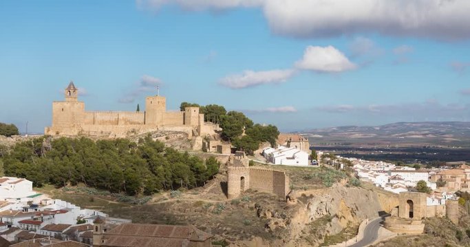 Zoom in time lapse view on moorish Alcazaba fortress in Antequera, Andalusia, Spain
