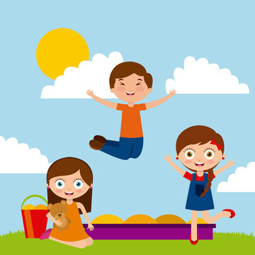 cute happy kids playing in the sandbox on sunny day. colorful design. vector illustration