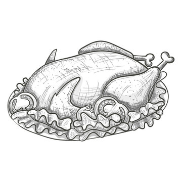 Monochrome sketch style illustration of turkey on plate, traditional christmas and thanksgiving food. Vector.