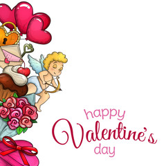 Side vertical border with Valentine's Day icons. Colorful sketch style illustration for Valentine's Day greeting card and decoration. Vector.