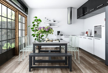 Modern kitchen with dining table