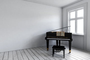 Black piano near window