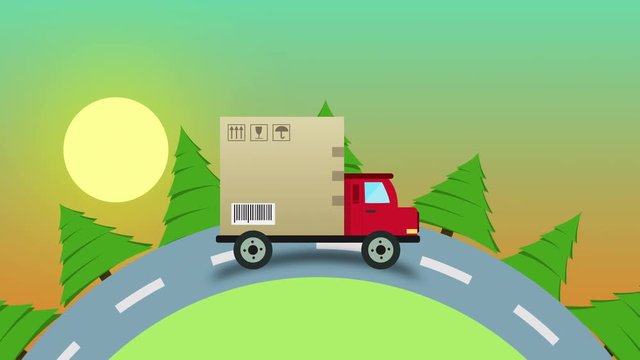 Colorful animation of delivery flat van with a big box on the road in sunny day with space for your text or logo seamless loop, delivery service concept. full hd and 4k.