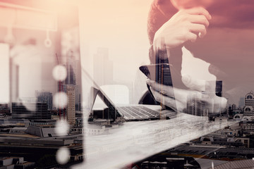 double exposure of businessman hand using smart phone,mobile pay