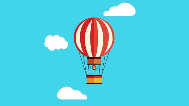 Colorful cartoon Hot Air Ballon flying over blue sky with some clouds, copy space for your logo or text, seamless loop. vacation and travel concept.