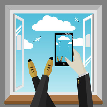 Smartphone in hand of man. Photographed the sky from the window. Vector graphics