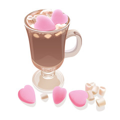Hot chocolate with marshmallow sweet hearts.
