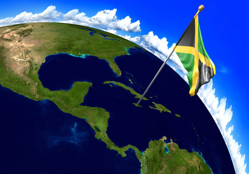 Jamaica national flag marking the country location on world map. 3D rendering, parts of this image furnished by NASA