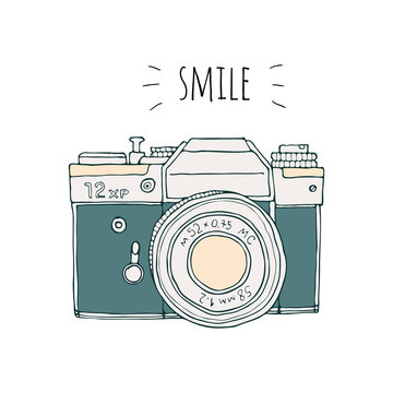 Vector retro hand drawn hipster photo camera isolated on white background. Vintage illustration for design, print for t-shirt, poster, card. Smile.