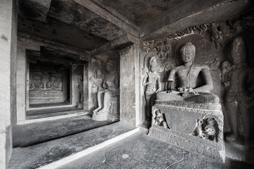 Ellora Caves UNESCO World Heritage Site. Rock-cut religious complex sanctuaries devoted to Buddhism, Hinduism and Jainism. Temples and monasteries near Aurangabad District, Maharashtra State, India.