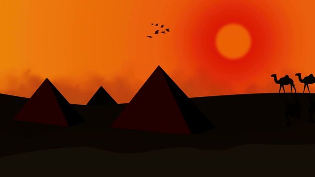 Cartoon animation of a camel train travels across a desert in the sunset with space for your text or logo. nice color grades of Sand dunes and pyramides full hd and 4k.