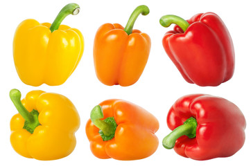 Collection of different bell peppers. Yellow, orange, red peppers isolated on white background