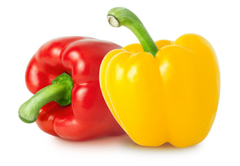 Two bell peppers of yellow and red color isolated on white background