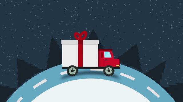 Colorful animation of Christmas and New Year greeting card with gift delivery van goes on winter road in snow at night seamless loop with copyspace, Christmas Gift Delivery Concept.