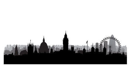 Fototapeta premium Sylwetka budynków miasta Londynu. Brytyjski krajobraz miejski. Londyński pejzaż miejski z punktami zwrotnymi. Podróż w tle panoramę Wielkiej Brytanii. Tapeta na wakacje w Europie.