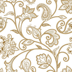Floral pattern. Seamless oriental arabesque background. Tiled ornament with fantastic wonderland flowers in arabic damask style.