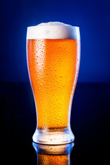 light beer in frosty glass over dark blue background