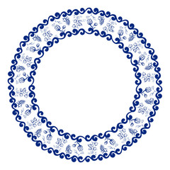 Blue abstract round frame with flowers, leaves and grapes